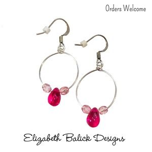 Elizabeth Balick Designs Silver Drop Hoop Earrings w/ Pink Czech Glass Beads NWT